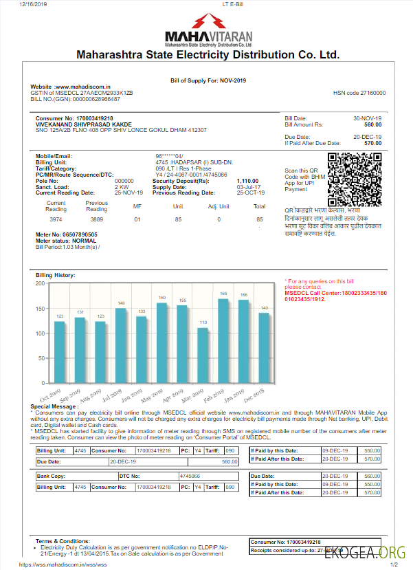 INDIA MAHARASHTRA ELETRICITY utility bill Word and PDF template